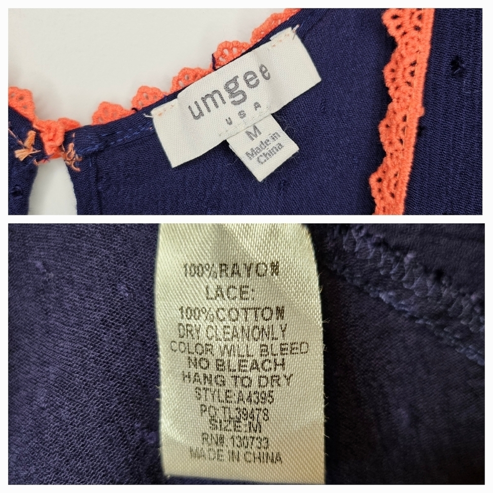 Umgee Navy Swiss Dot Babydoll Dress Coral Lace Empire Waist Boho M Summer - Picture 8 of 11